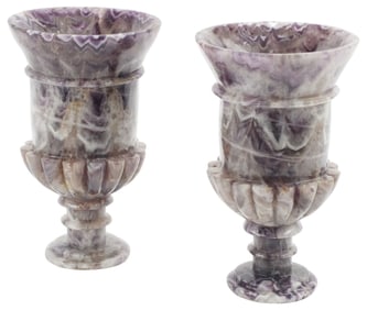 (2) CLASSICAL STYLE BANDED PURPLE SEMIPRECIOUS STONE URNS