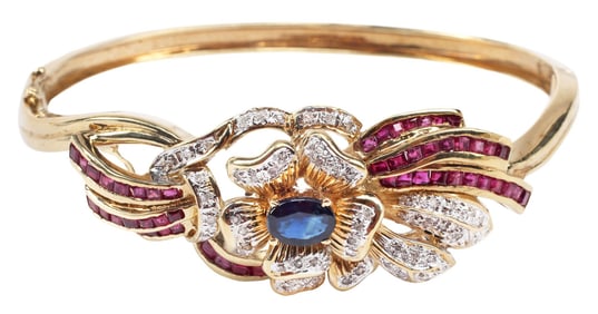 ESTATE 14KT YELLOW GOLD DIAMOND, RUBY & SAPPHIRE BANGLE BRACELET
