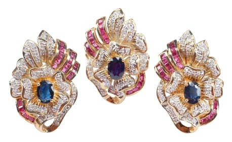 (2) ESTATE 14KT YELLOW GOLD DIAMOND, RUBY & SAPPHIRE RING & EARRINGS