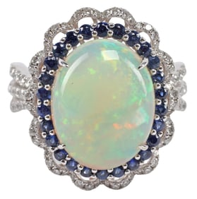 ESTATE 18KT WHITE GOLD 5.69CT OPAL DIAMOND & SAPPHIRE COCKTAIL RING