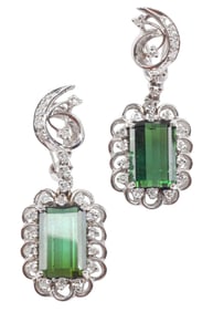 (PR) ESTATE 18KT WHITE GOLD, DIAMOND & TOURMALINE EARRINGS