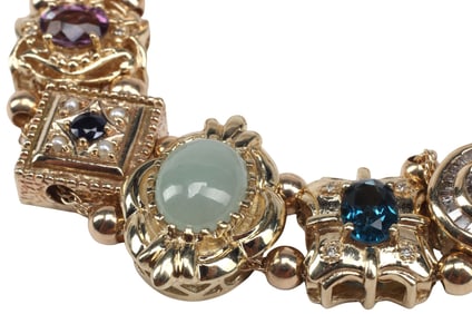 ESTATE YELLOW GOLD & MULTI-GEMSTONE SLIDE CHARM BRACELET