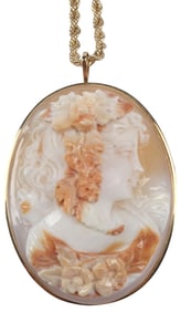 ESTATE ITALIAN 14KT GOLD CARVED CAMEO PENDANT / BROOCH ON ROPE CHAIN