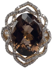 ESTATE 14K YELLOW GOLD SMOKY QUARTZ & DIAMOND RING