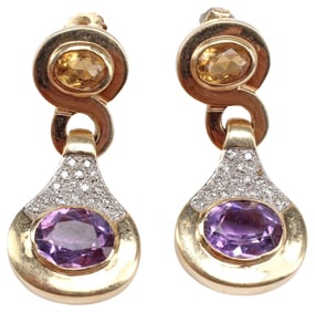 (PR) ESTATE 14KT YELLOW GOLD, CITRINE, AMETHYST & DIAMOND EARRINGS