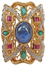 ESTATE 18KT GOLD 3.00CT SAPPHIRE, EMERALD, RUBY & DIAMOND RING
