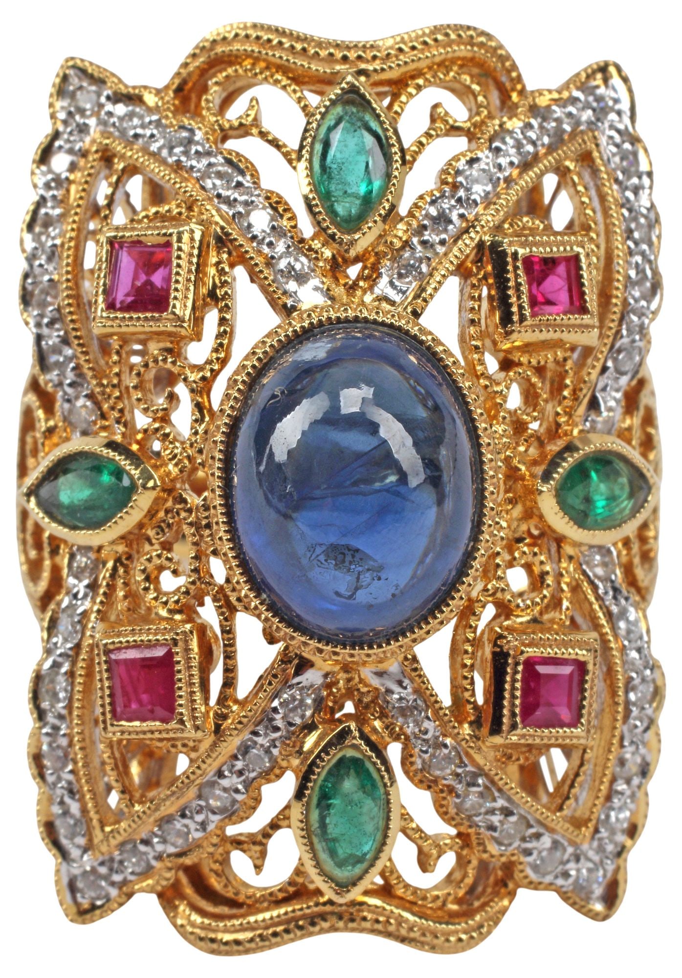 ESTATE 18KT GOLD 3.00CT SAPPHIRE, EMERALD, RUBY & DIAMOND RING: Estate 18kt yellow gold ring, cabochon sapphire, approx 3.01ct, four square cut rubies, approx 0.28cttw, four marquise emeralds, approx 0.34cttw, forty-four diamonds, approx 0.75cttw, average color: H