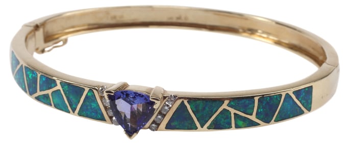 ESTATE 14KT YELLOW GOLD TANZANITE, OPAL & DIAMOND HINGED BANGLE BRACELET