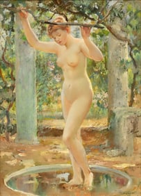 WILL HICOCK LOW (1853-1932) ALLEGORICAL OIL PAINTING, AN ARCADIAN NUDE