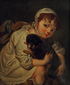 AFTER JEAN-BAPTISTE GRUEZE (1725-1805) PAINTING, YOUNG GIRL WITH DOG