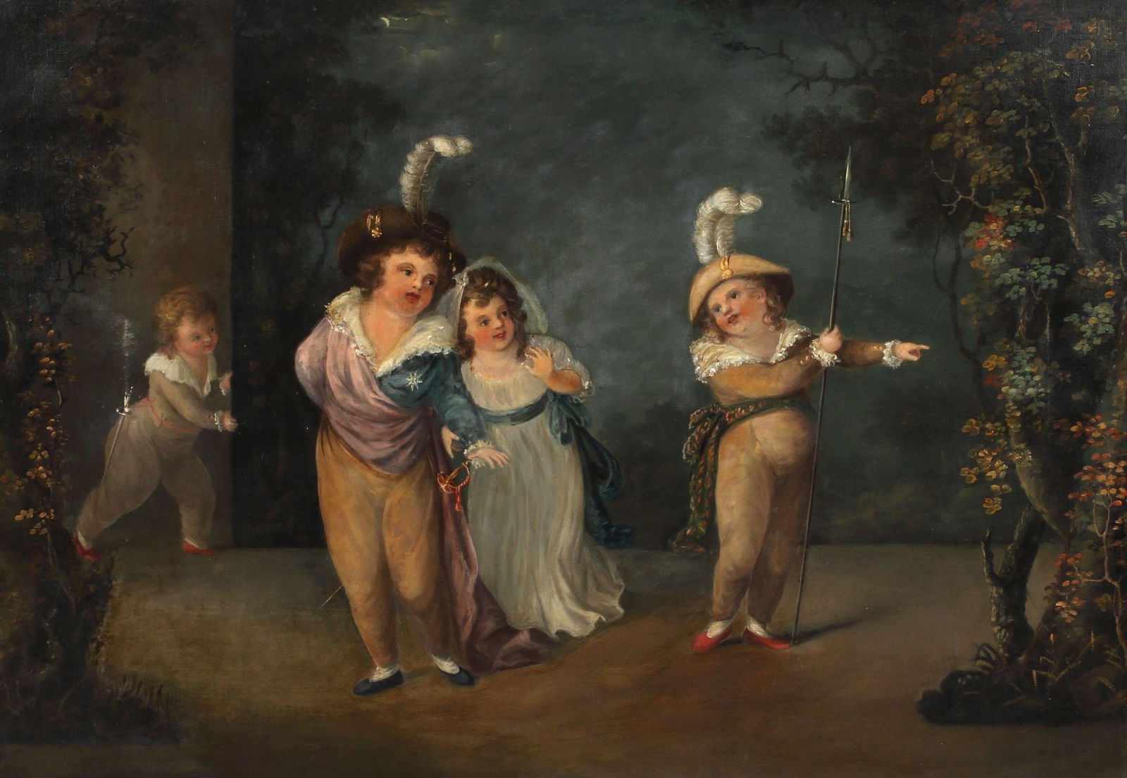 HENRY SINGLETON (1766-1839) 'CHILDREN OF GEORGE III' OIL PAINTING: Framed oil on canvas painting, "The Children of George III," title plaque signed Henry Singleton (English, 1766-1839), sight: approx 31.75"h, 45.25"w, overall: approx 39"h, 53"w, 29lbs