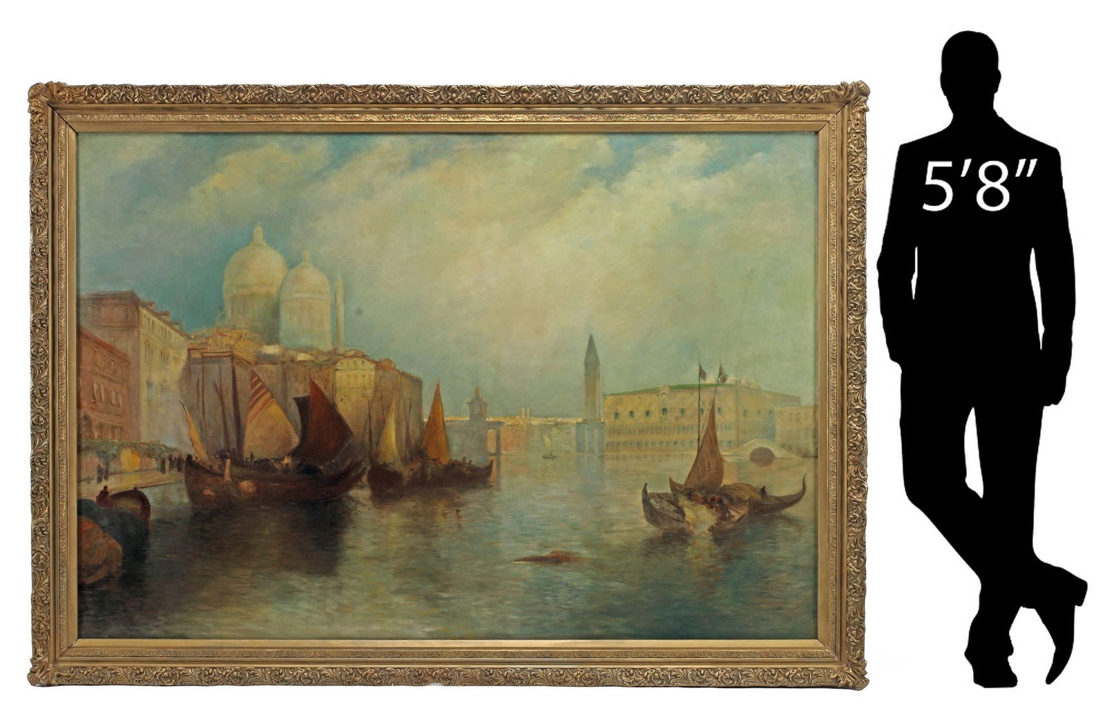 AFTER THOMAS MORAN (D.1926) PAINTING, VENETIAN CANAL SCENE 55" X 81": Large oil on canvas painting, "The Grand Canal, Venice," after Thomas Moran (American, 1837-1926), apparently unsigned, patched repair to canvas, sight: approx 55"h, 81"w, overall: approx 65.5"h, 91"w