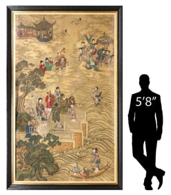 PALATIAL FRAMED CHINESE PAINTING ON SILK, DEITIES OF GOOD FORTUNE, 117" X 74.5"