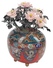 CHINESE CARVED HARDSTONE FLOWERING TREE IN CLOISONNE PLANTER