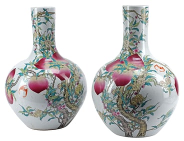 (2) CHINESE FAMILLE ROSE PEACH MOTIF BOTTLE VASES
