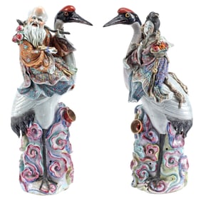 (2) CHINESE PORCELAIN FIGURES, GUANYIN & SHOU SEATED ON CRANES, 18"H