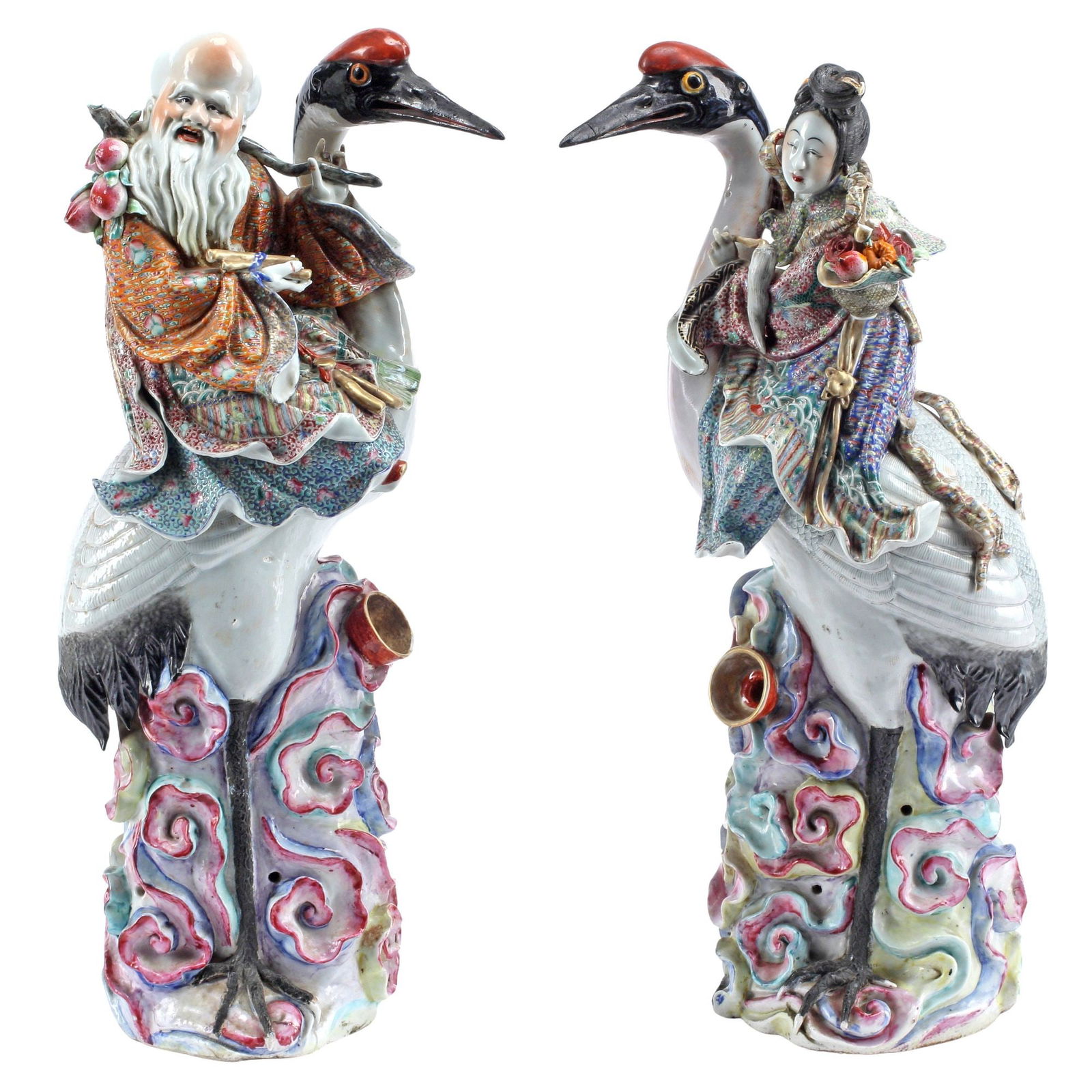 (2) CHINESE PORCELAIN FIGURES, GUANYIN & SHOU SEATED ON CRANES, 18"H (1 of 8)