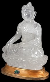 CARVED ROCK CRYSTAL SEATED BUDDHA ON WOOD BASE, 13"H
