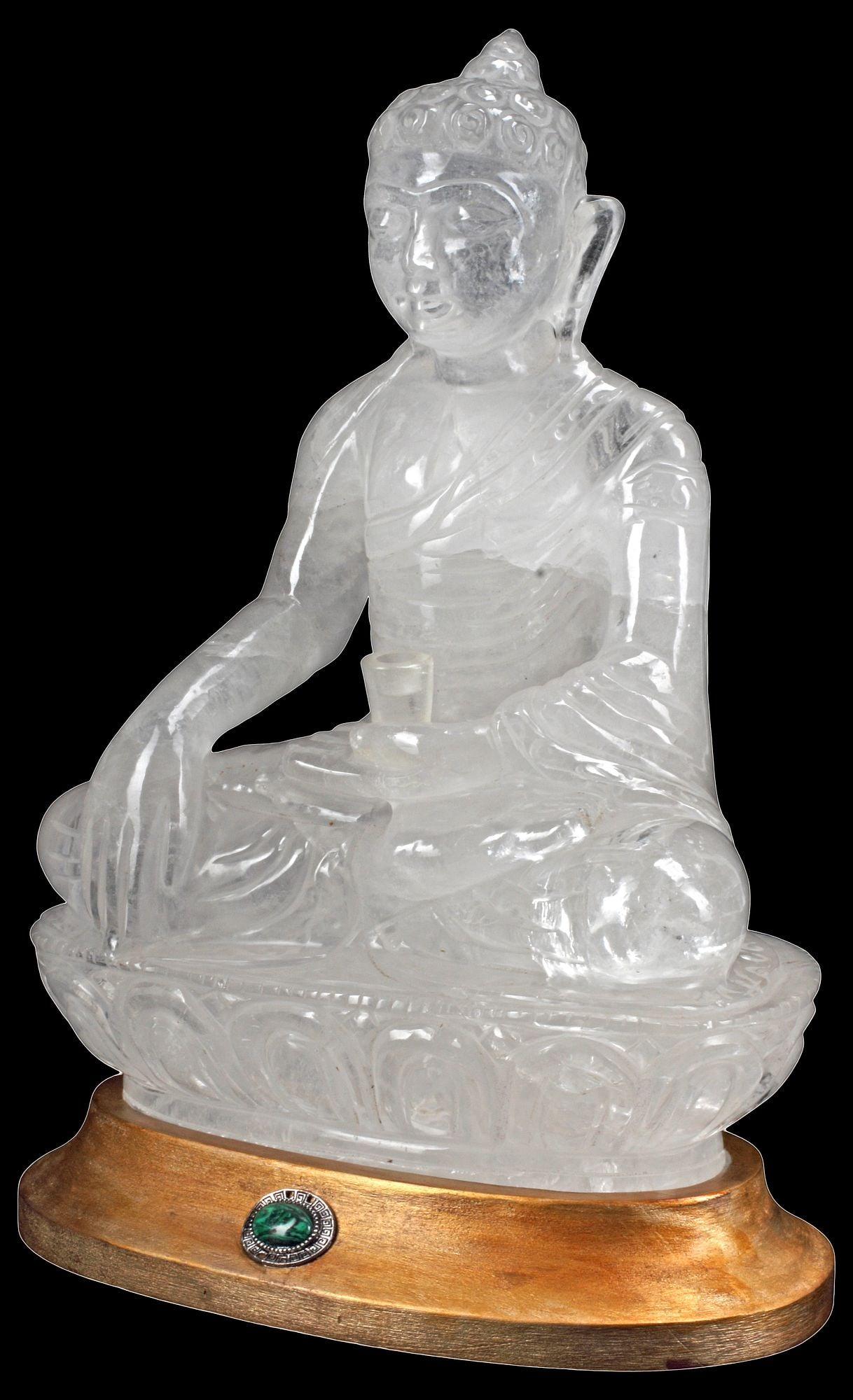 CARVED ROCK CRYSTAL SEATED BUDDHA ON WOOD BASE, 13"H: Large carved rock crystal figure of the Buddha, seated in Bhumisparsha (earth touching) mudra, rising on parcel-gilt wood base with malachite cabochon, overall: approx 13"h, 10"w, 6"d, 16.25lbs total