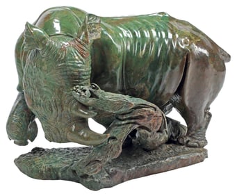 SIGNED ZIBUTE CARVED GREEN HARDSTONE RHINOCEROS FIGURE, 19"L