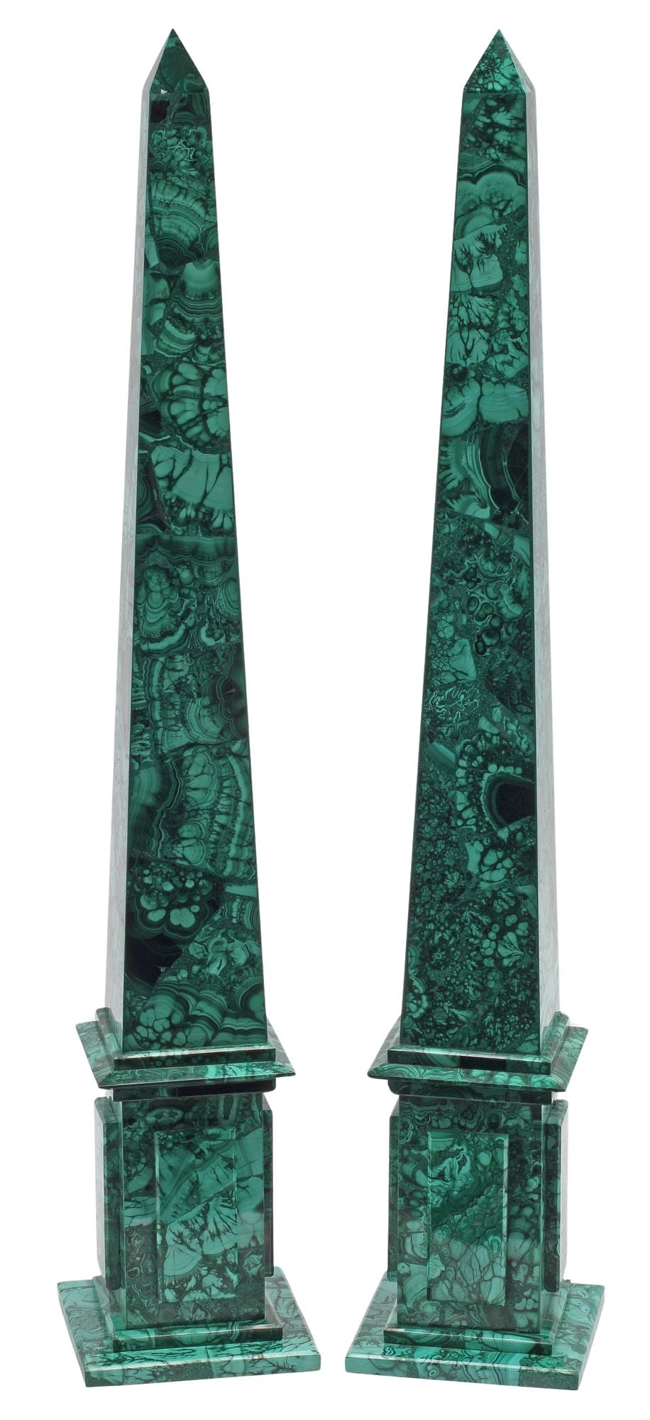 (2) MALACHITE OBELISKS, 23"H: (pair) Malachite obelisks, approx 23"h, 4"w, 4"d, 15.25lbs total