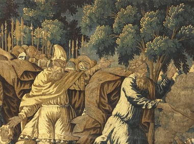 MONUMENTAL FRAMED FLEMISH TAPESTRY FRAGMENT, MOSES STRIKING THE ROCK, 18TH C.