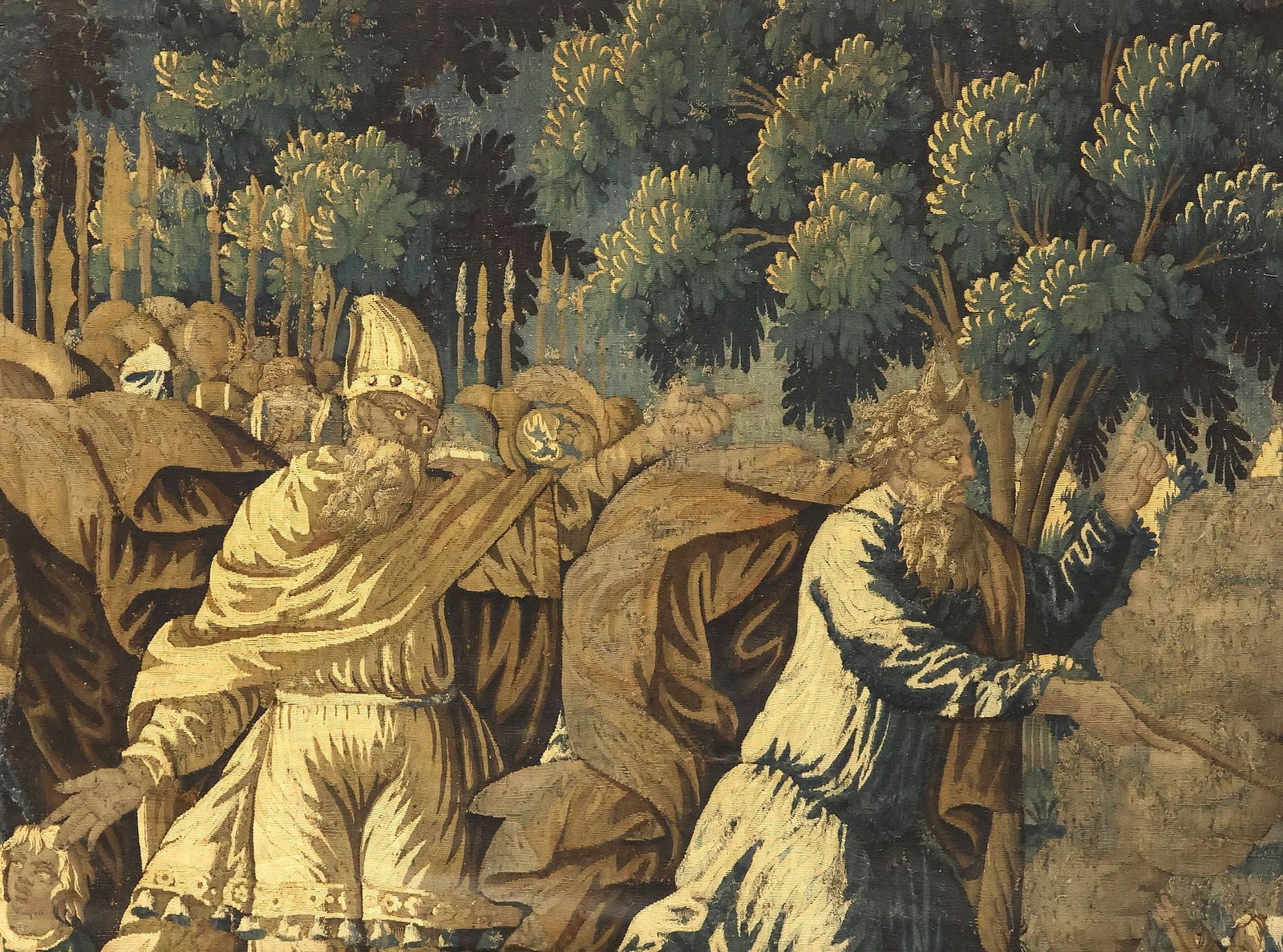 MONUMENTAL FRAMED FLEMISH TAPESTRY FRAGMENT, MOSES STRIKING THE ROCK, 18TH C. (1 of 3)