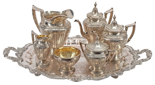 (7) GORHAM 'MAINTENON' STERLING SILVER TEA & COFFEE SERVICE ON SILVERPLATE TRAY