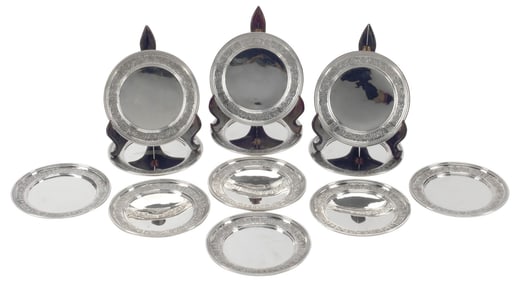 (12) INTERNATIONAL STERLING SILVER SCROLL & FLORAL RIM BREAD PLATES, #726