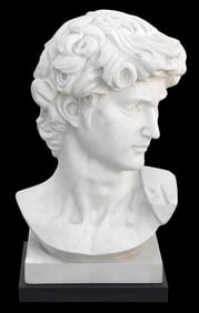 CARVED MARBLE SCULPTURE AFTER MICHELANGELO, BUST OF DAVID, 29.5"H