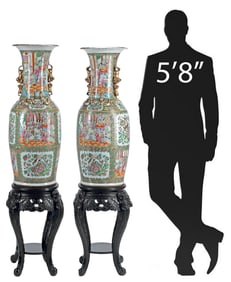 (2) LARGE CHINESE ROSE MEDALLION PORCELAIN VASES ON STANDS, 60.5"H