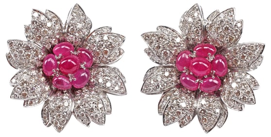 (PR) ESTATE ITALIAN GIOVANE 18KT WHITE GOLD, DIAMOND & RUBY EARRINGS