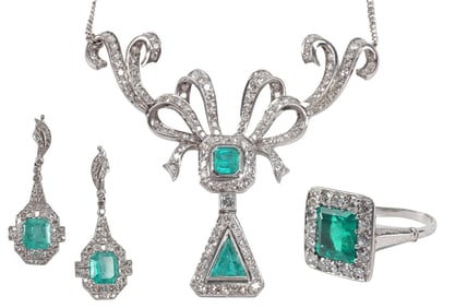 (3) FINE ESTATE 18KT GOLD, 6.14 CTTW EMERALD & 8.25CTTW DIAMOND JEWELRY SUITE