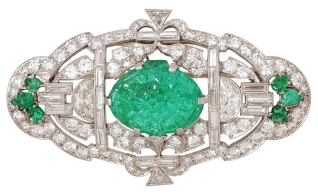 FINE ESTATE ART DECO 5.85CTTW DIAMOND &  FLORAL CARVED EMERALD PENDANT / BROOCH