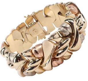 ESTATE ITALIAN 14KT TRI-COLOR GOLD WIDE BANGLE BRACELET, 57.9 GRAMS