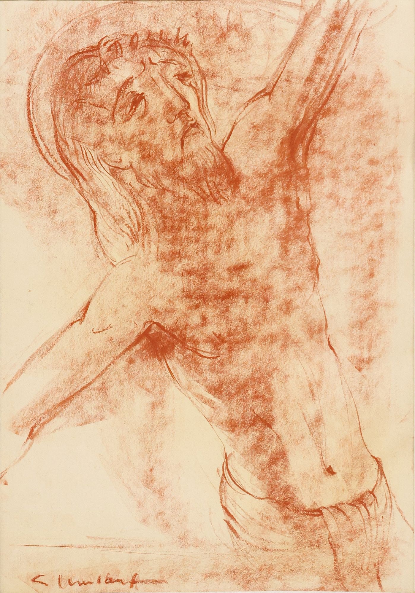 CHARLES UMLAUF (1911-1994) CRAYON DRAWING ON PAPER, CHRIST CRUCIFIED: Unframed sanguine conte crayon on paper, Christ Crucified (3/4 View), signed lower left C. Umlauf (Charles Umlauf, American, active in Austin, Texas, 1911-1994), titled and dated 1979 on cardboard sup
