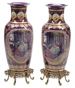 (2) LARGE SEVRES STYLE PARCEL-GILT VASES ON STANDS, 42"H