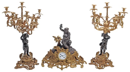 (3) FRENCH PATINATED & GILT BRONZE FIGURAL CLOCK & CANDELABRA GARNITURE SET