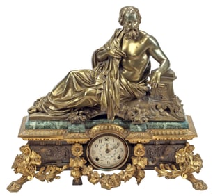 LARGE FRENCH BRONZE & MARBLE FIGURAL ARISTOTLE MANTEL CLOCK CASE, 27"H