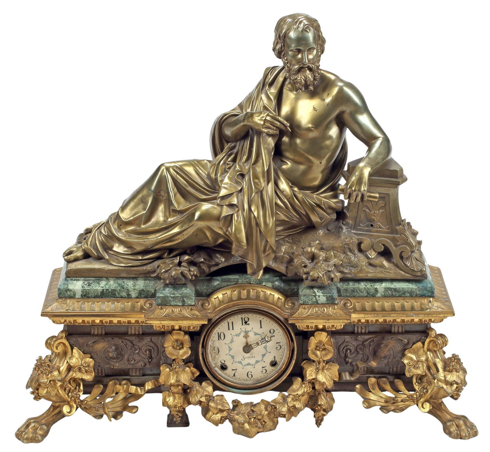 LARGE FRENCH BRONZE & MARBLE FIGURAL ARISTOTLE MANTEL CLOCK CASE, 27"H: Monumental French patinated and gilt bronze mantel clock case, 19th c., surmounted by a sculpture of the Greek philosopher Aristotle, after Henri Picard (French, 1831-1864), reclining with arm resting