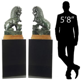 (2) CHINESE CARVED GREEN HARDSTONE FOO LIONS ON MARBLE PEDESTALS