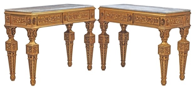 (2) NEOCLASSICAL STYLE MARBLE-TOP GILTWOOD CONSOLE TABLES