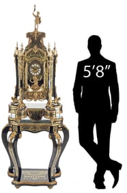 REGENCE STYLE ORMOLU-MOUNTED & BRASS INLAID MANTLE CLOCK ON STAND, 87"H