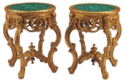 (2) LOUIS XV STYLE MALACHITE-TOP GILTWOOD GUERIDONS / TABLES