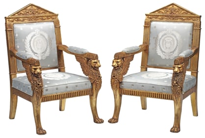 (2) EMPIRE STYLE SILK-UPHOLSTERED GILTWOOD LION MOTIF ARMCHAIRS