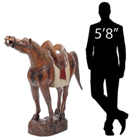 NEAR LIFE-SIZE CHINESE CARVED WOOD TANG DYNASTY STYLE HORSE, 52"H