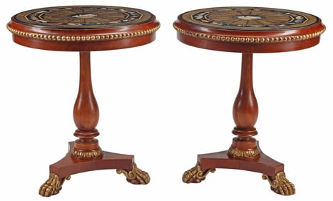 (2) EMPIRE STYLE MARBLE SPECIMEN-TOP PARCEL-GILT PEDESTAL TABLES