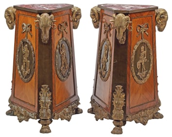 (2) EMPIRE STYLE MARBLE-TOP ORMOLU-MOUNTED TRIANGULAR PEDESTALS