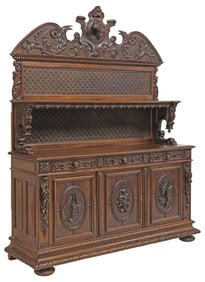 FRENCH HENRI II STYLE CARVED WALNUT HUNT BUFFET DEUX CORPS, 105"H