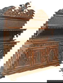 FRENCH HENRI II STYLE CARVED WALNUT HUNT BUFFET DEUX CORPS, 105"H